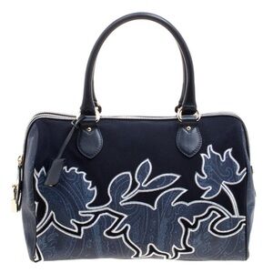 Etro Blue Canvas Leather Embroidered Boston Bag